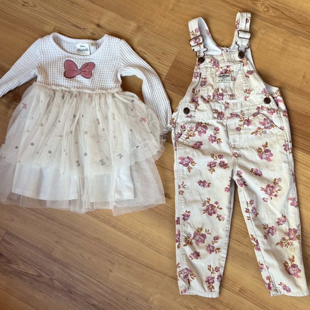2 items. Mini mouse dress. Oshkosh floral overalls